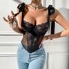 Summer Lace Flowers Embroidery Lingerie Women Tight Corset Sexy Mesh Breathable Fish Bone Shapewear Bow Sling Low Collar Tops