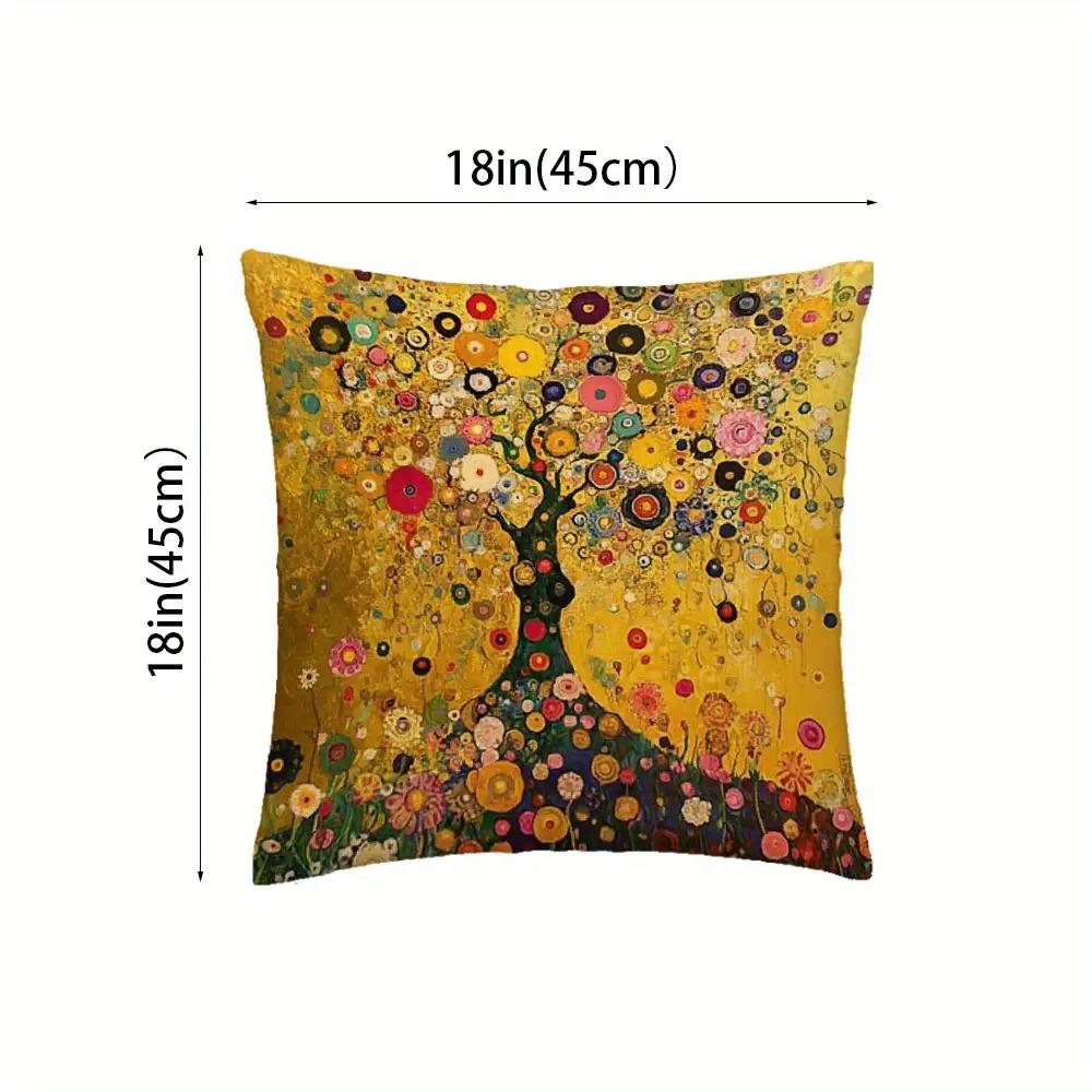 1Pc Gustav Klimt Inspires Tree Life And Floral Pillowcase - Golden Leaf Background, Vivid Single-Sided Printing, Zipper Closed