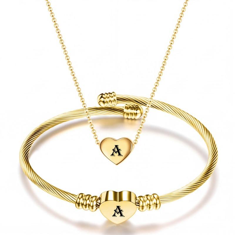 Diy 26 Letters Fadeless Stainless Steel Heart Pendant Necklace Bracelet Set For Women