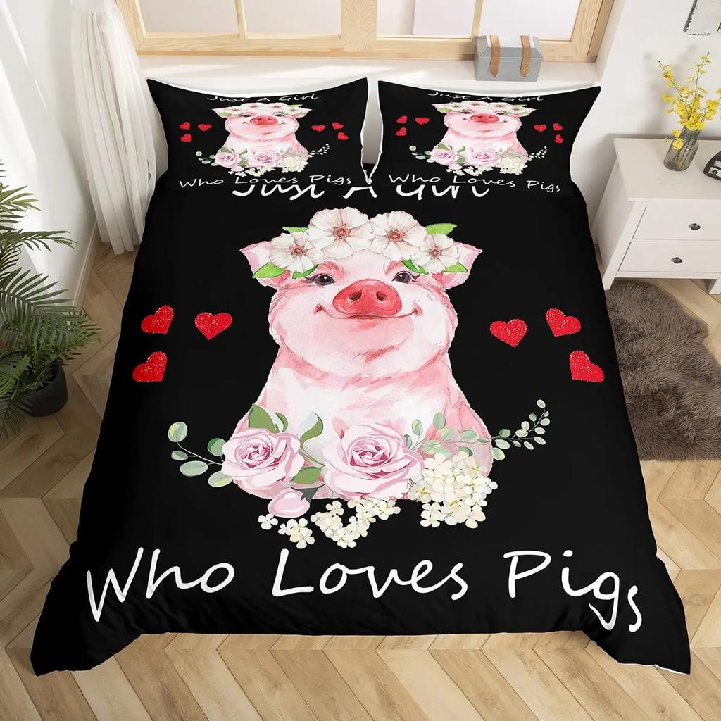 Cute Pig Duvet Cover Set For GirlsSunflowers Florals Comforter Cover Pink Grid Lattice Plaid Bedding Sets Quilt Cover Full Size