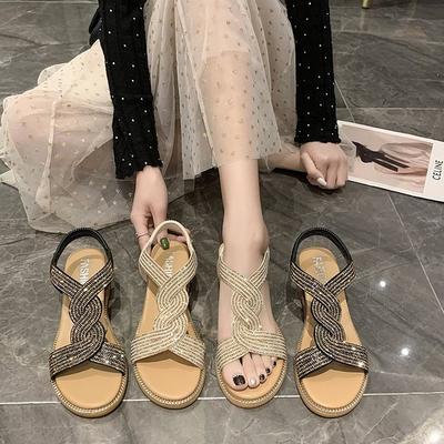 Damenmode Sandalen 2024Neu Runde Zehenpartie Hohe Absätze Pantoletten Strand Weiche Sohle Schuhe Trend Diamant Dekoration Slipper Damenschuhe