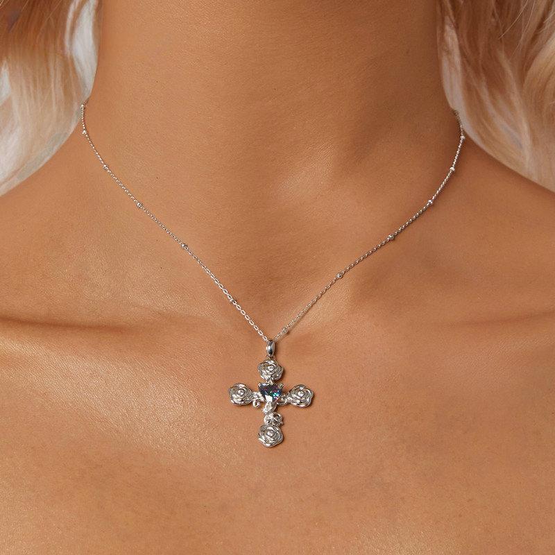 S925 Sterling Silver Cross Pendant Necklace Retro Rose Pattern Neck Chain for Women Party Fine Jewelry Gift