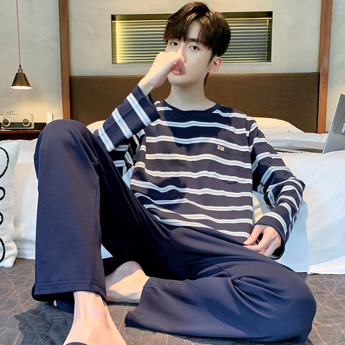 Men's Spring/Autumn Long Sleeve Cotton-Look Pajama Set - Youth Style, Casual Homewear, Plus Size.