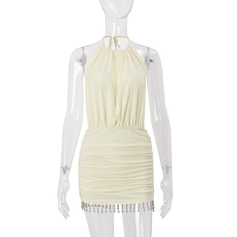 

Outfitgirl Apricot Niche Style Tassel Halterneck Backless Dress Party Skinny Sheath Ruched Low Waist Skirt Apricot color S