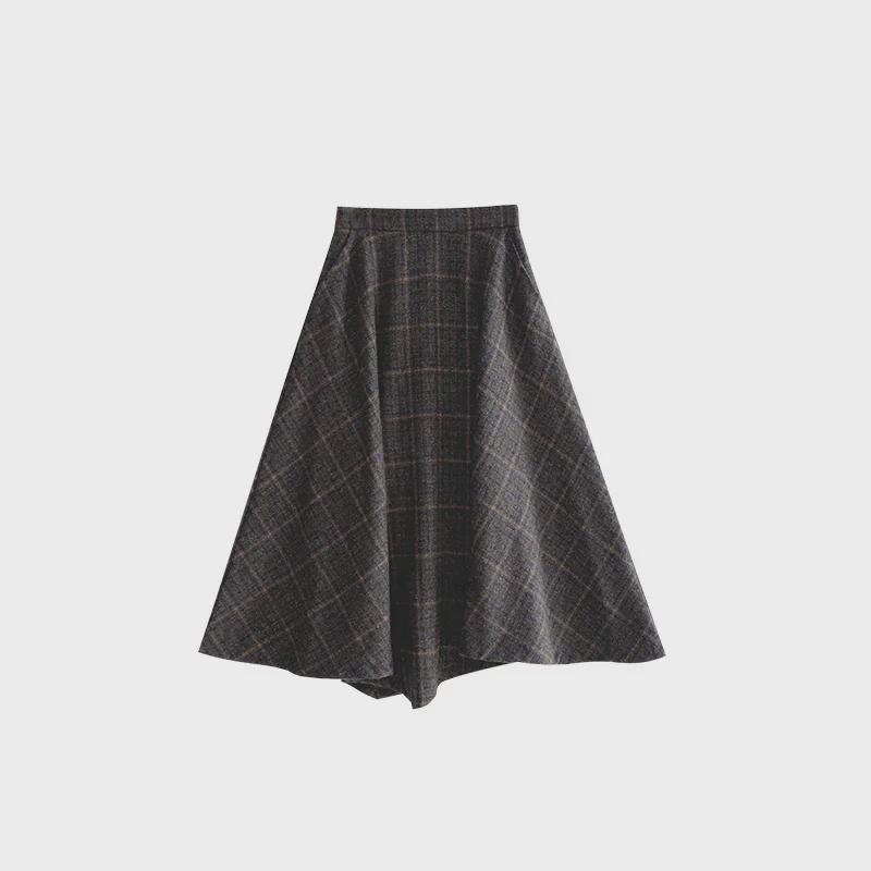 Jiangzuo 3D Cut Retro Wool Plaid Skirt 6167