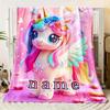 Customizable unicorn blanket with sparkling rainbow mane, soft and lightweight pink flannel blanket, personalized name options