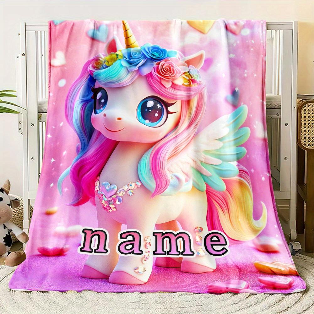 Customizable unicorn blanket with sparkling rainbow mane, soft and lightweight pink flannel blanket, personalized name options