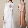 Ladies Fashion Cotton Linen Blouse 2PCS Korean Women Embroidery Two Piece Suit Summer Female Large Size 4XL Wide Leg Pants