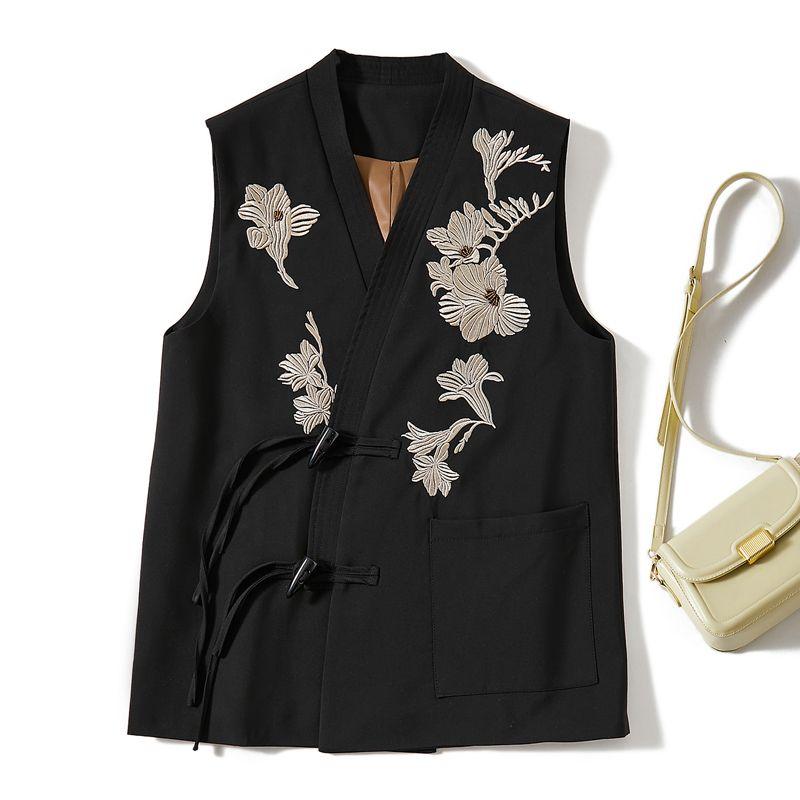 

Exquisite Workplace I-Shaped Horn Button Vest! Women s Washed Cotton Tassel V-Shaped Small Stand Collar Bandage Dress Embroidered New Outwear Black L