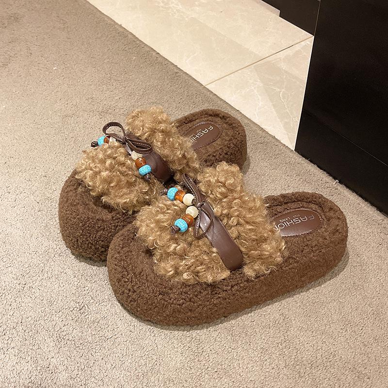 Thick-bottomed Imitation Lamb Wool Slippers Women's Outer Wear Velvet Warm Non-slip Internet Celebrity Autumn and Winter Fluffy Cotton Slippers