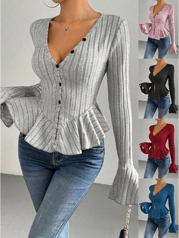 Elegant V-Waist Ruffle Knit Top for Women - Autumn/Winter Style
