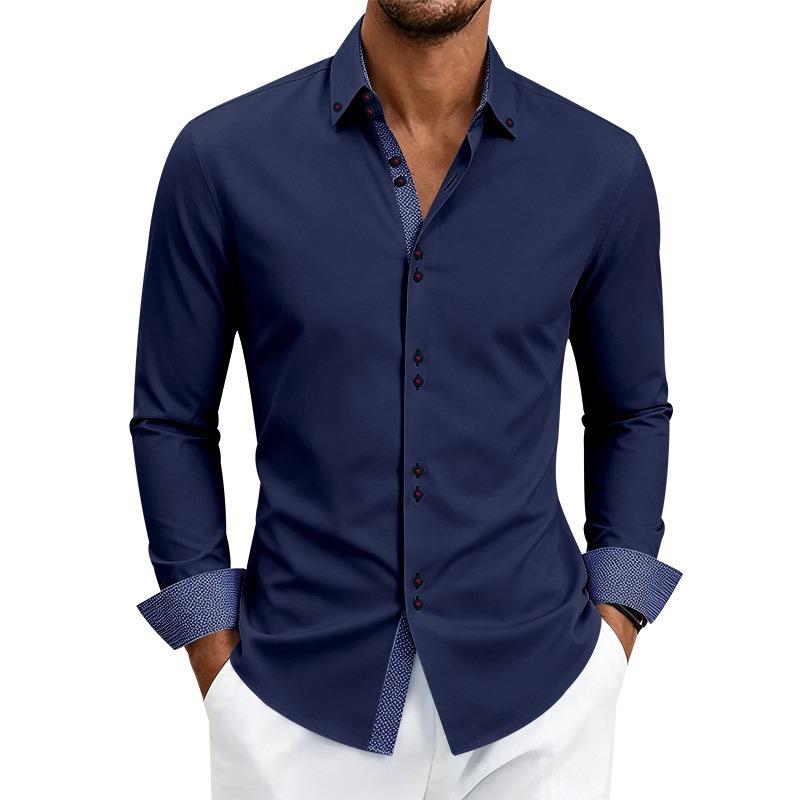 Herren-Farbblock-Stretch-Knitterfreies Langarm-Button-Down-Hemd.
