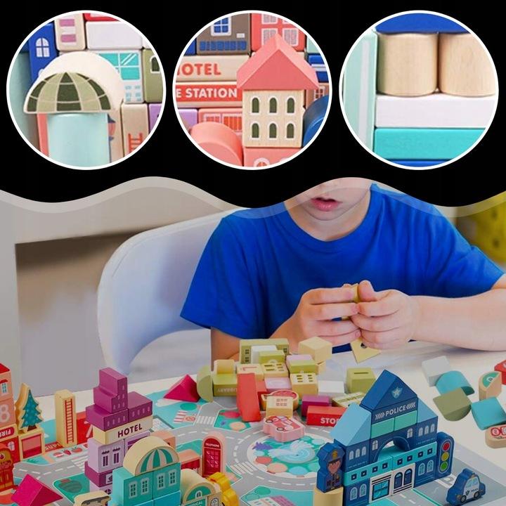 Zestaw Klocki Drewniane Miasto Auta Zestaw Puzzle Mata 115 Klocków Edu