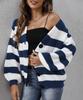 Women's cardigan cross-border European and American autumn and winter women's clothing new contrasting striped button splicing machine-woven sweater 