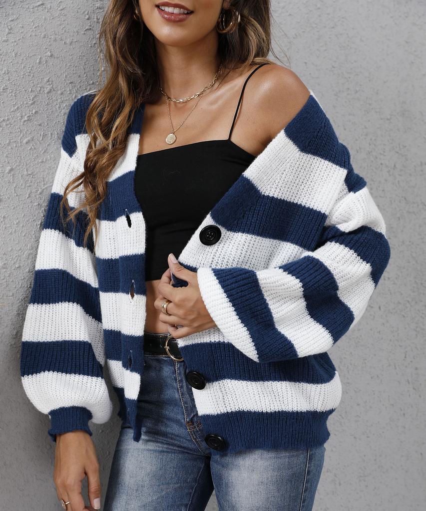 Women's cardigan cross-border European and American autumn and winter women's clothing new contrasting striped button splicing machine-woven sweater 