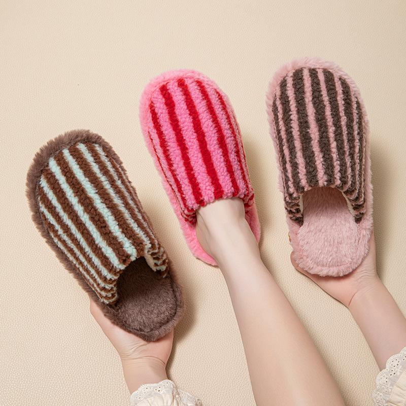 Soft Plush Slippers for Women Striped Cotton House Shoes Warm Winter Indoor Footwear