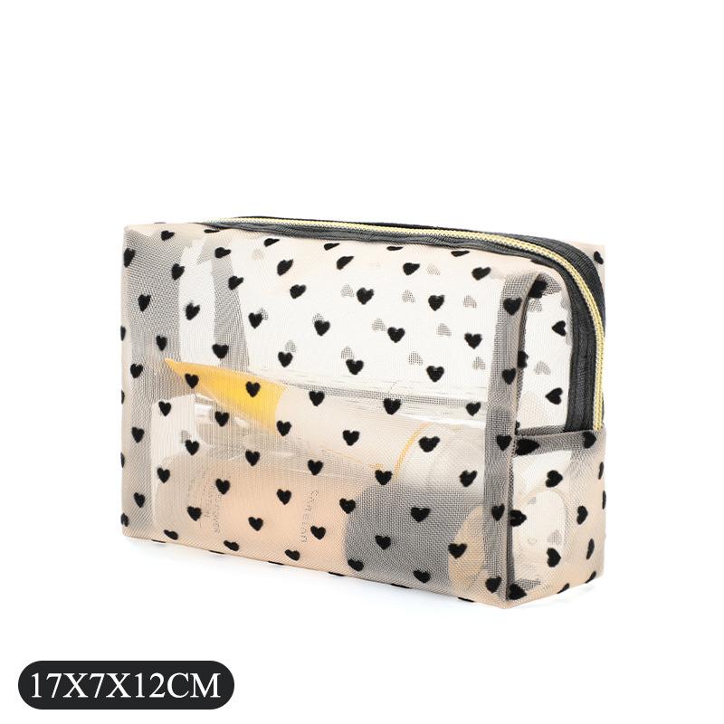 

1 шт. Женская косметичка, Сетчатый декор с флокированным сердечком, Минималистичный дизайн с сетчатым сердечком, Большая вместимость, Для ежедневного использования и дорожного макияжа