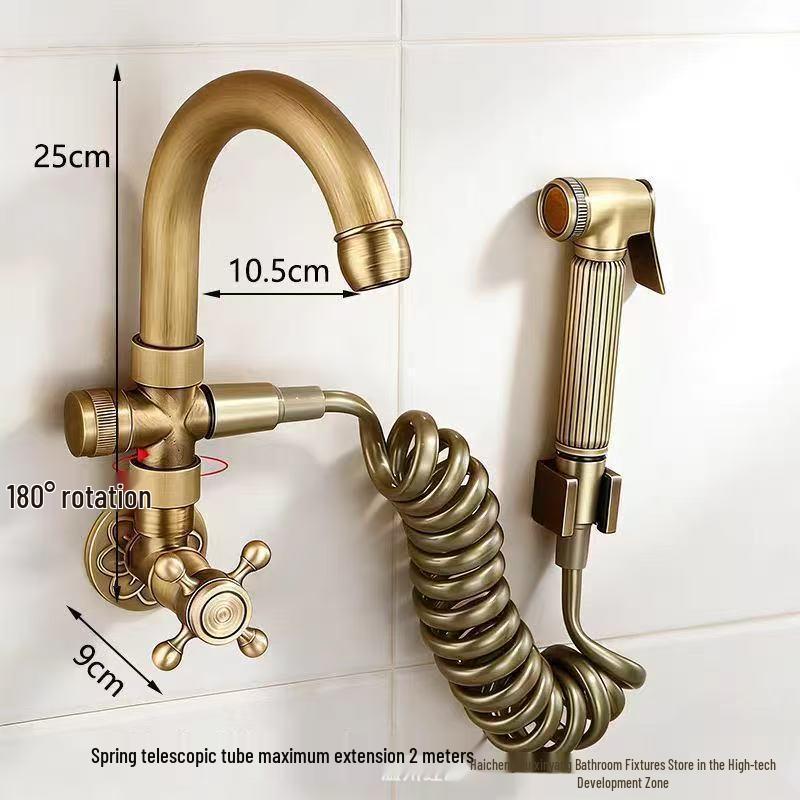 European Full Copper Outdoor Garden Double Outlet Rotatable Retro Faucet
