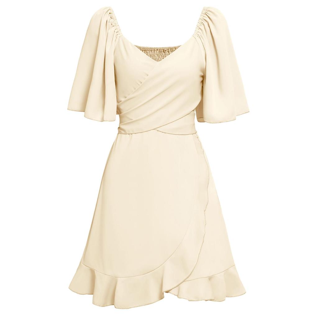 Women Spring Solid Color V-Neck Short Lotus Leaf Sleeve Short Dress Summer Casual A-Line High Waist Above Knee Dresses S-XL