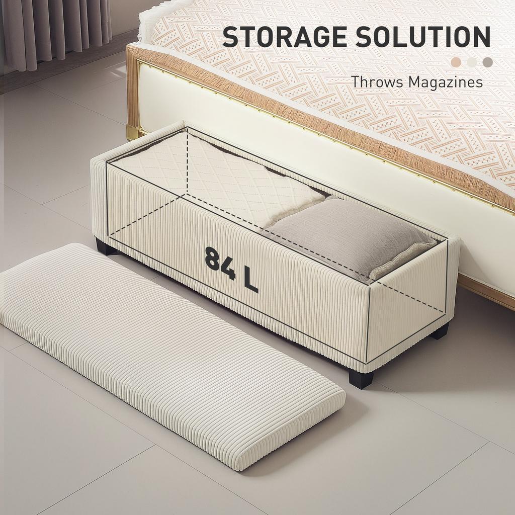 Storage Ottoman Bench, Corduroy Footstool with Removable Lid and Legs, 112cm Storage Chest Box for Living Room, Bedroom, Hallway, Beige