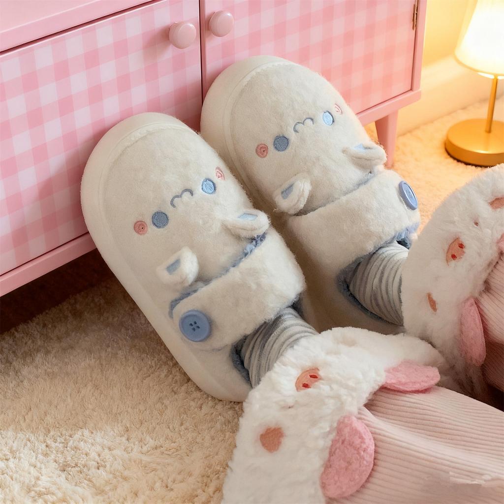 Kawaii Button Rilakkuma Lok Fu Bread Shoes Ladies Wear Non-Slip Thick-Soled Winter Hook and Loop Cotton Shoes