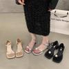 French High-end Pearl Open-toed Sandals Women's Summer 2025 New Shoes Square Heel Silver Roman Shoes