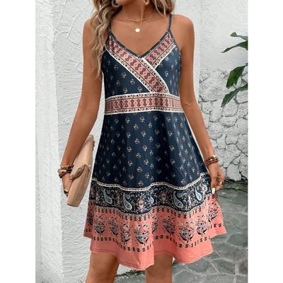 Women's Boho Paisley Print Cami Dress Tie Front Spaghetti Straps Short Dresses