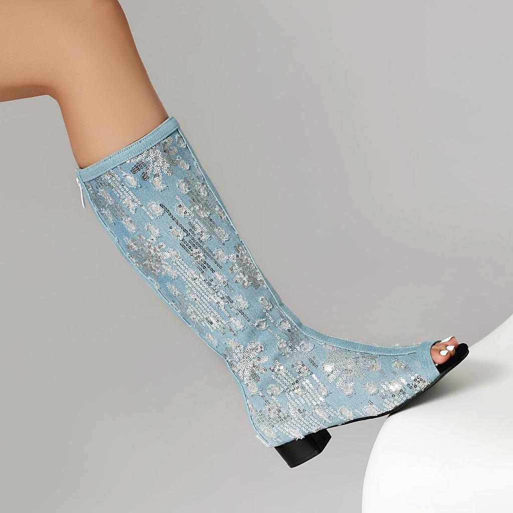 European and American Spring and Summer New  Boots Denim Sequined Thick Heel Fish Mouth High Boots Cool Boots