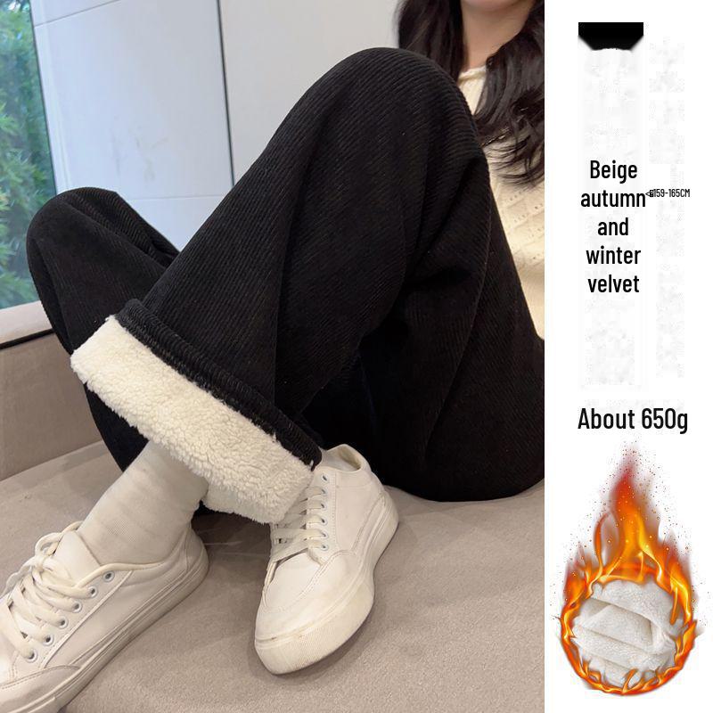Women's 2024 Winter Plus Velvet Corduroy Wide-Leg Pants - Lambskin Lined Casual Straight Trousers