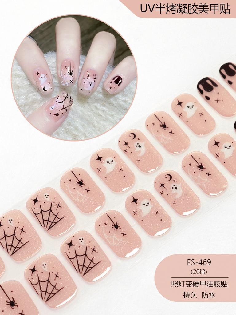 20 Pcs Halloween Christmas UV Semi Cured Gel Nail Stickers Self Adhesive Long Lasting Popular Nail Art Wraps