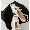 Sheepskin Version~ Woven Hollow Bag Head Sandals Women's One-word Buckle with Bow Thick Heel Holiday Shoes
