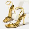 Summer Gold High Heels Women Fashion Patent Leather Ankle Strap Square Toe Stiletto Sandals Wedding Banquet Shoes