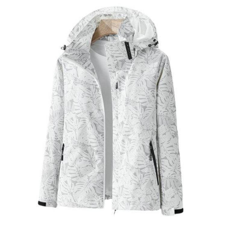 Waterproof Breathable Windbreaker Jacket Women Outdoor Hooded Long Sleeve Leaf Print Single Layer Zipper M
