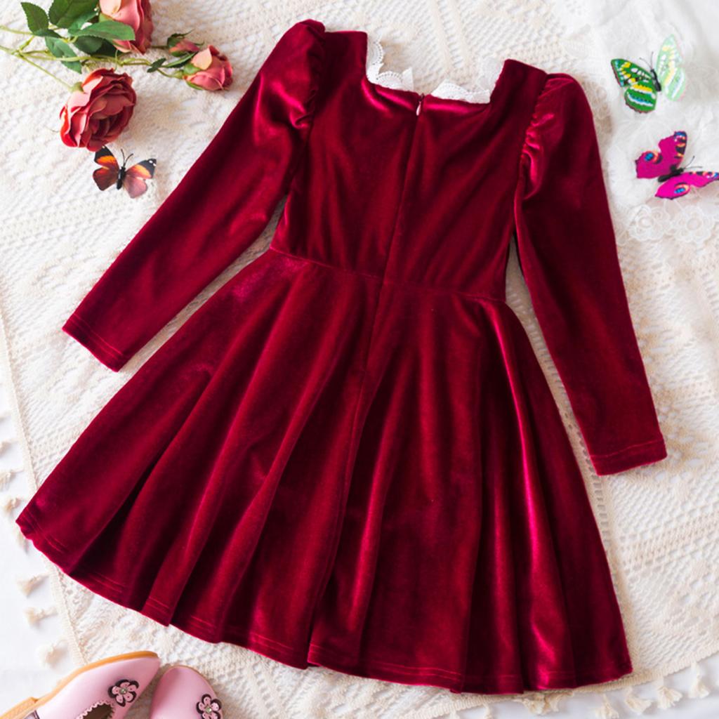 Girls Fashion Cute French Lace Neckline Princess Dress Long Sleeve Solid Color Dresses