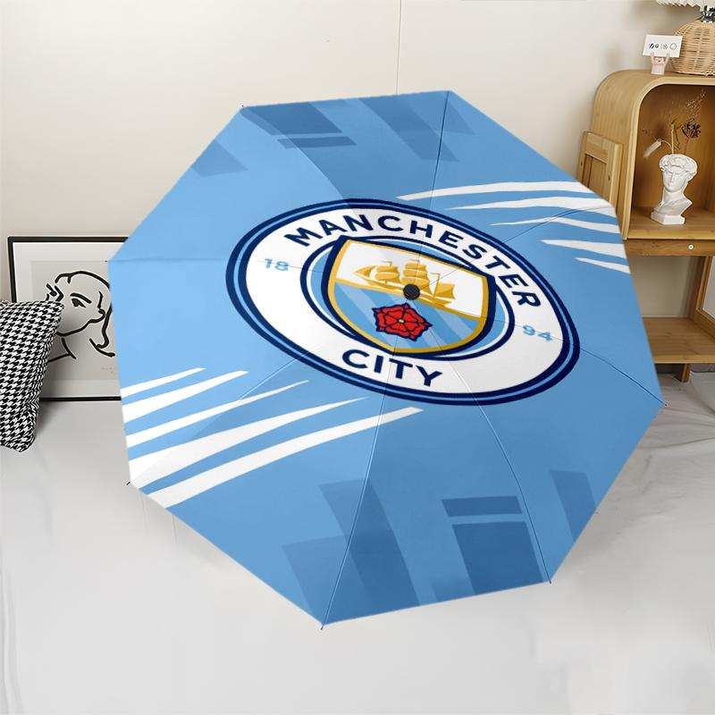 Manchester City Football Club Print Automatic Umbrella, 8 Rib Iron Frame, Plastic Handle, Suitable for Outdoor Travel &Daily , Ideal Gift