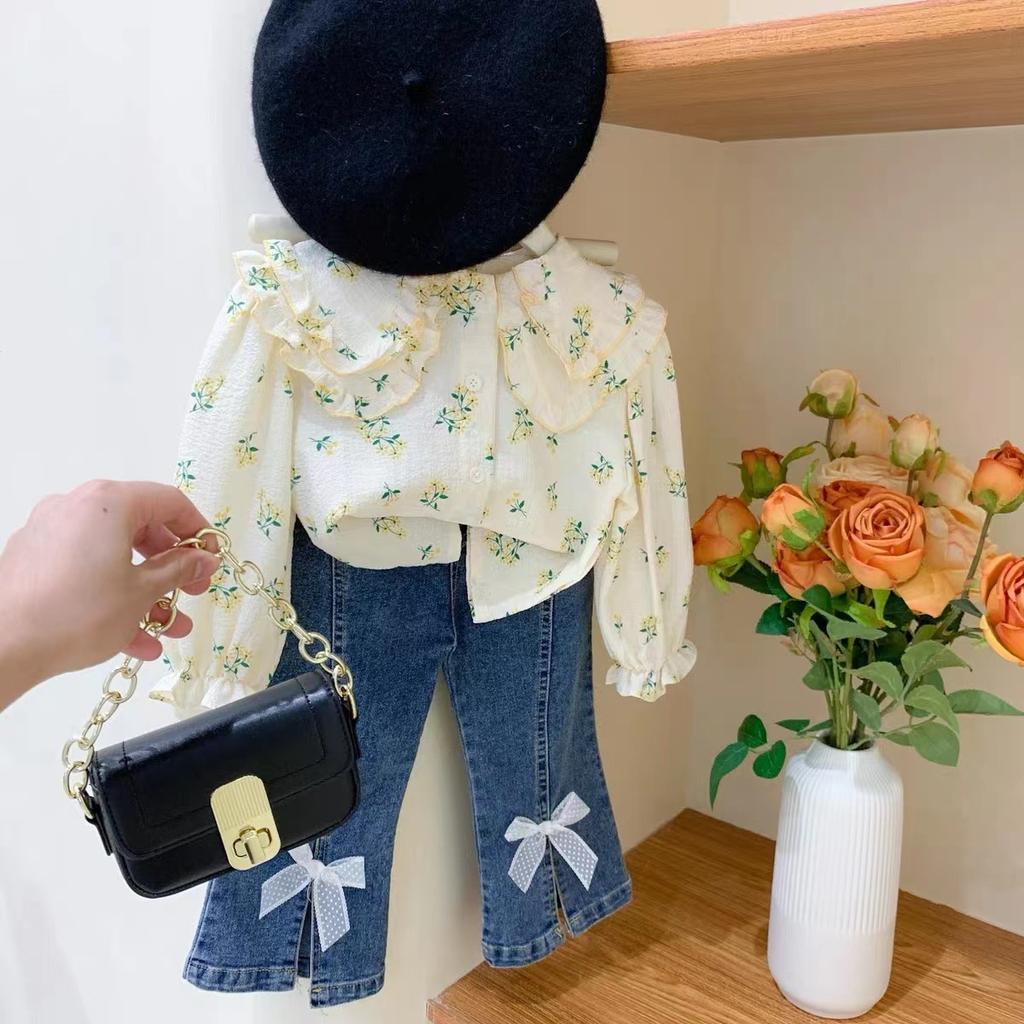 Kids Toddler Clothes Spring Girls Cute Sweet Casual Style Long Sleeve Floral Doll Collar Shirt + Bow Jeans Two Pieces Set