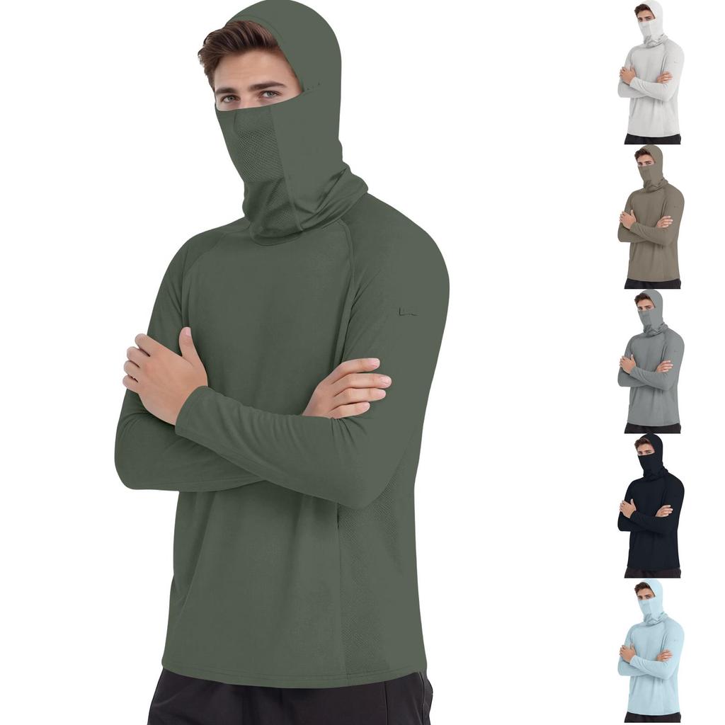 Long Sleeve Hooded Shirt with Built In Face Covering Lightweight Breathable Fabric for Outdoor Activities Men