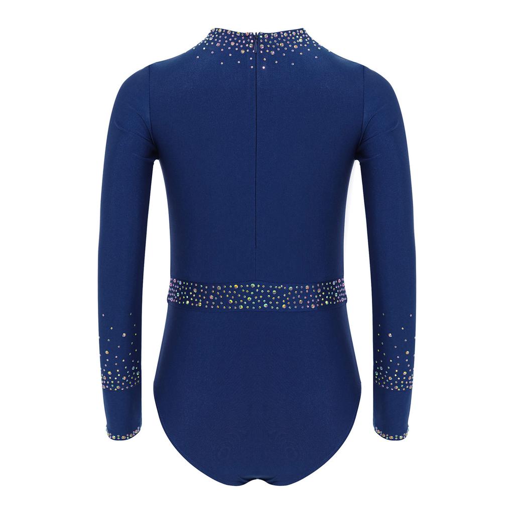 Leotardo de Gimnasia para Niñas Brillante con Pedrería, Manga Larga, Cremallera Trasera Invisible, Escote Delantero, Body de Escenario