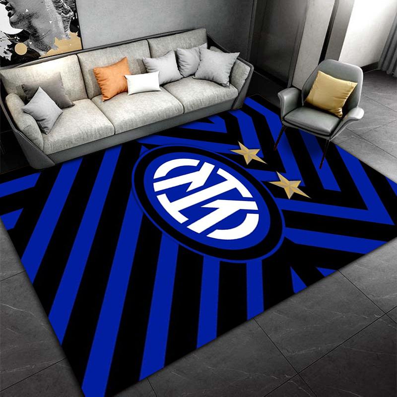 Blue Black Geometric Pattern Carpet with Stars and Bold Logo Design Suitable for use as an anti-slip for living room bedroom sofas