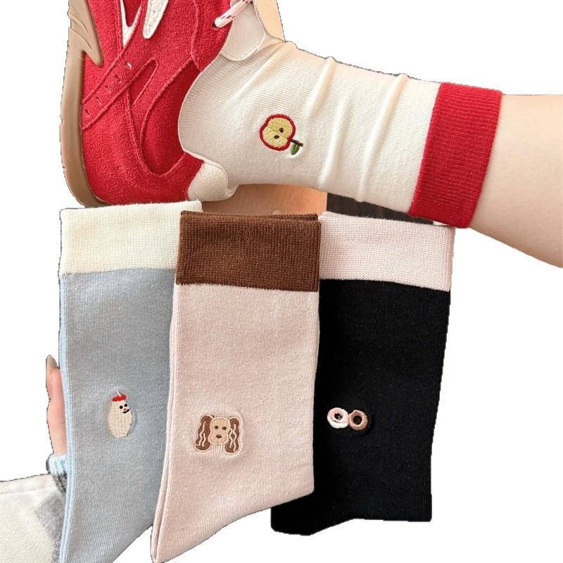Color-blocking Cartoon Embroidered Socks, Women's Mid-calf Socks, Small Animal Color-blocking, Trendy and Individualistic Pure Cotton Long Socks