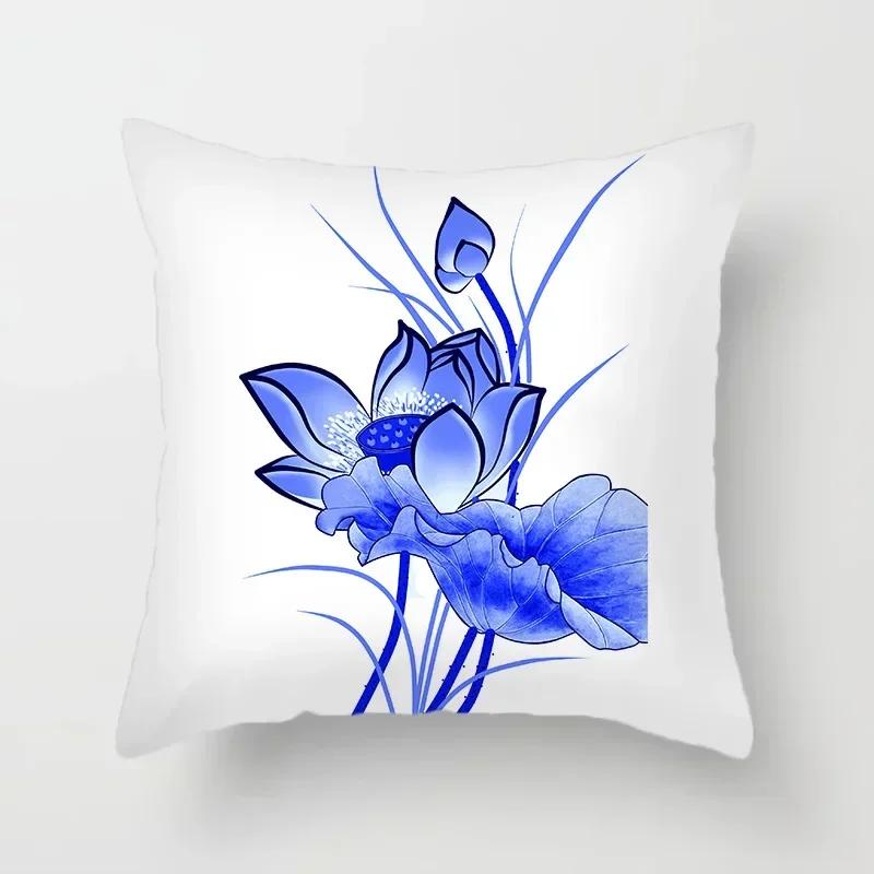 40/45/50/60Cm Blue Geometric Floral Printed Pillow Case Soft Cushion Cover For Home Sofa Car Bedroom Pillow Covers
