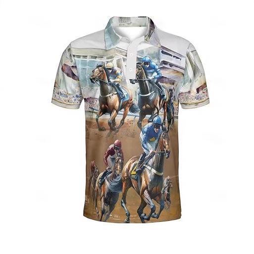 Horse Racing 3D Printed Men's Polo Shirt 2025 New Fashion Button Lapel Short Sleeve Top Summer Marseille