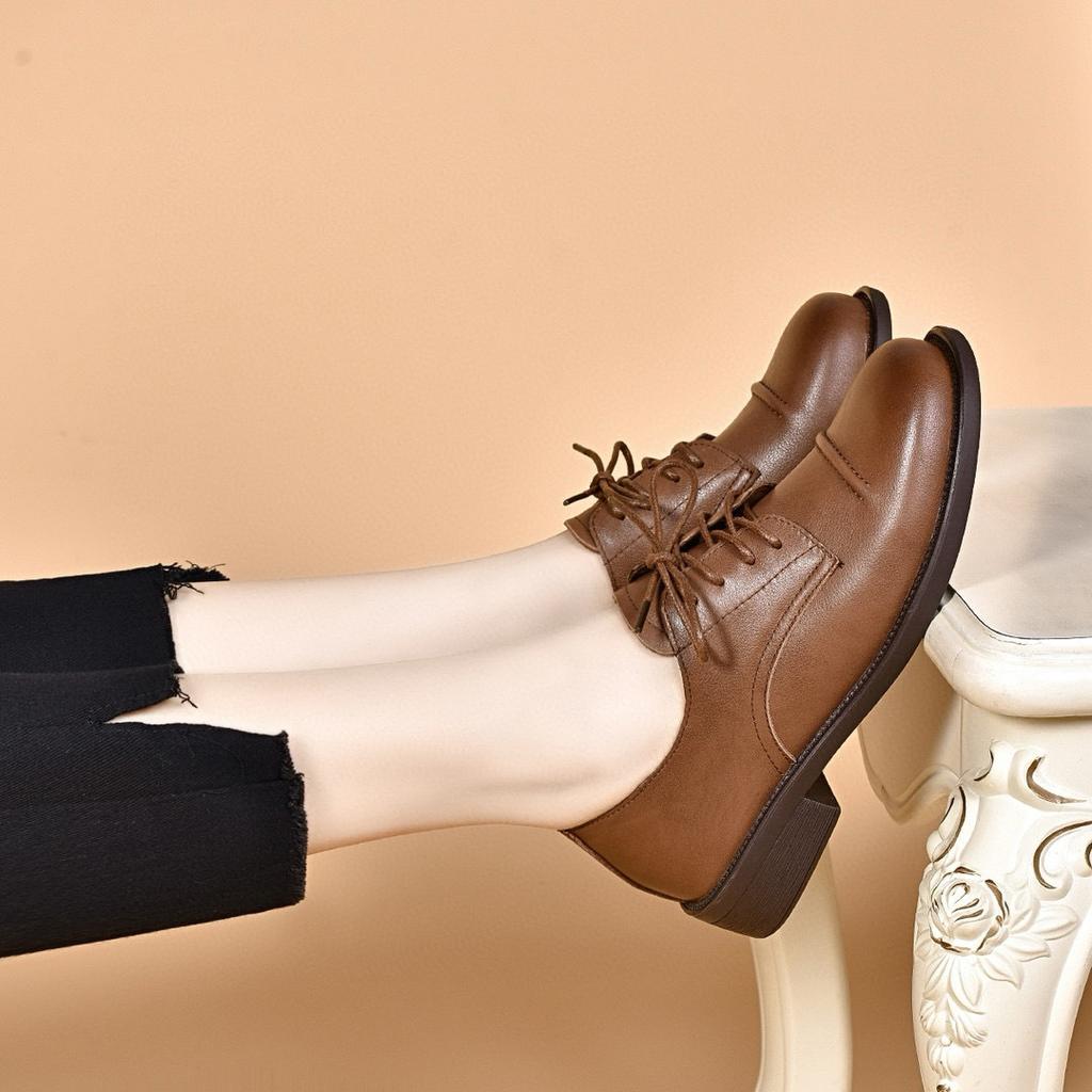 Small leather shoes women's new lace-up flat shoes first layer cowhide college style women's style