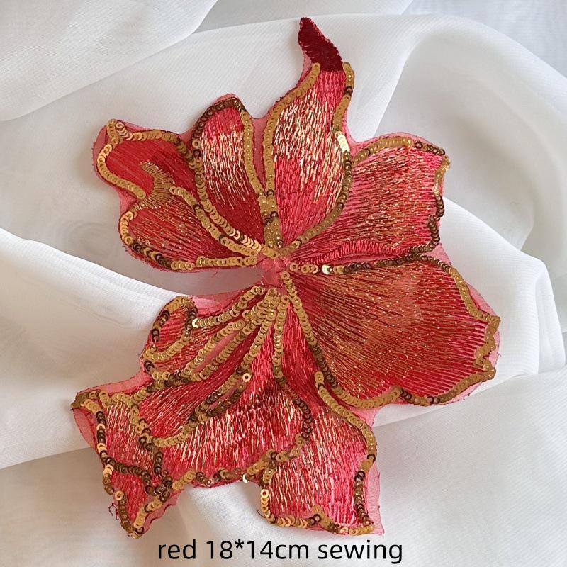 Large Red Gold Sequin Flower Embroidered Lace Patch for Clothing, Dresses, and DIY Decorations