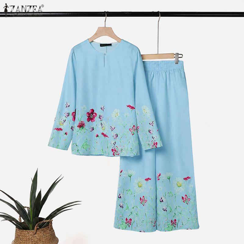ZANZEA Women Long Sleeve Blouse and Long Pants Floral Print Casual Two Piece Sets