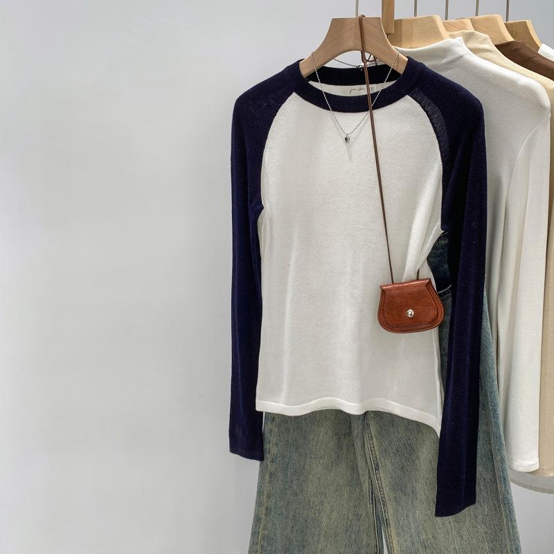 

Women s Autumn Color Block Long Sleeve T-Shirt - 2025 Stylish Round Neck Base Layer Top Small білий