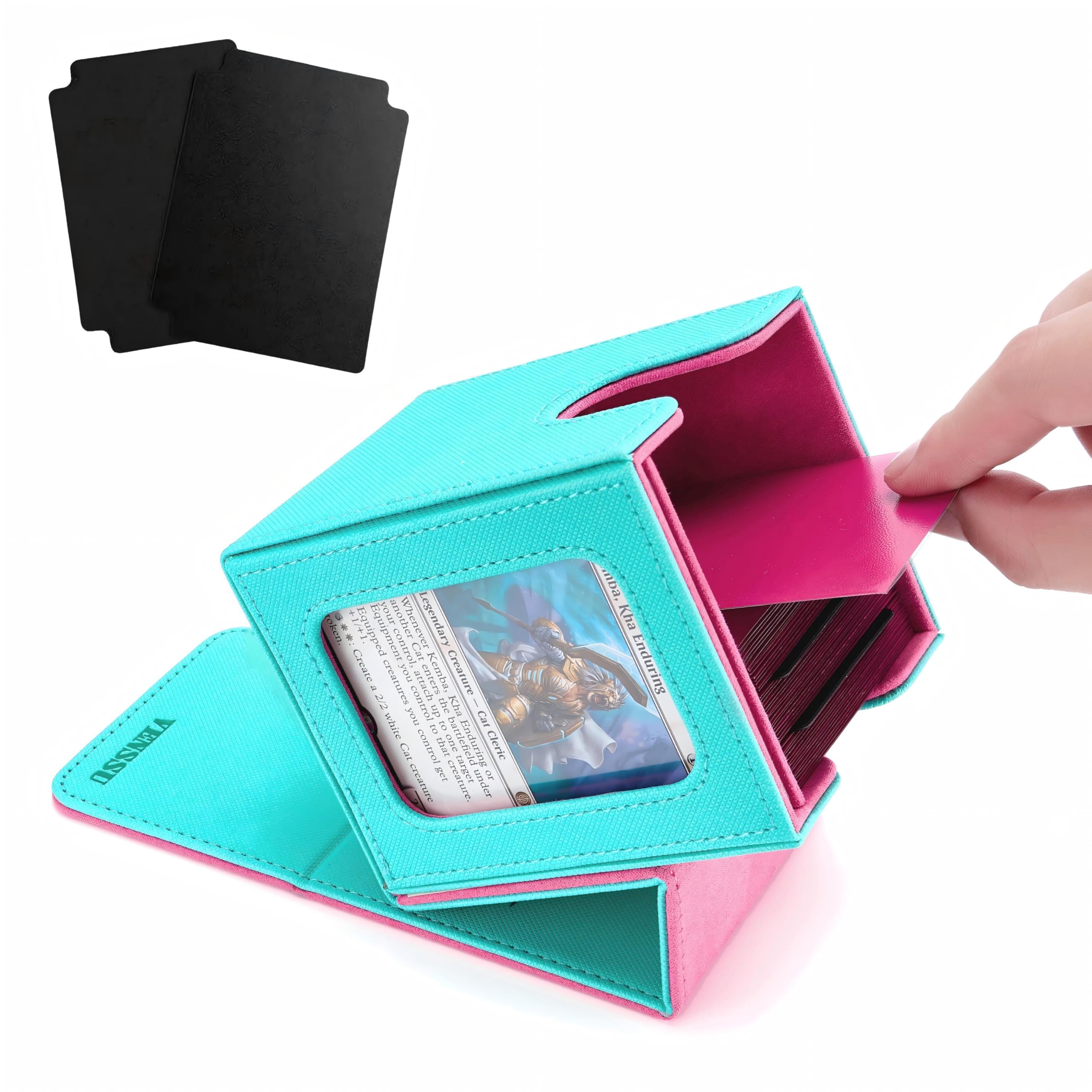 

Venssu Deck Trading Card Case with Card Display Holds 100 Vertical Two and One Top Leather with Turquoise Case, Window, Cards, Double/Triple Sleeves,