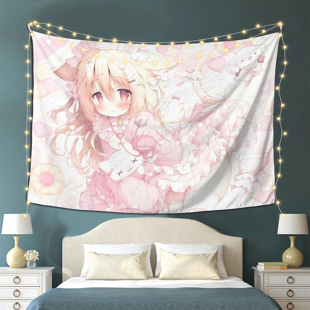 VIKAMA Cute Cat Ear Girl Gaming Tapestry Pink Dress Girl Game Theme Living Room Sofa Background Wall Room Decoration