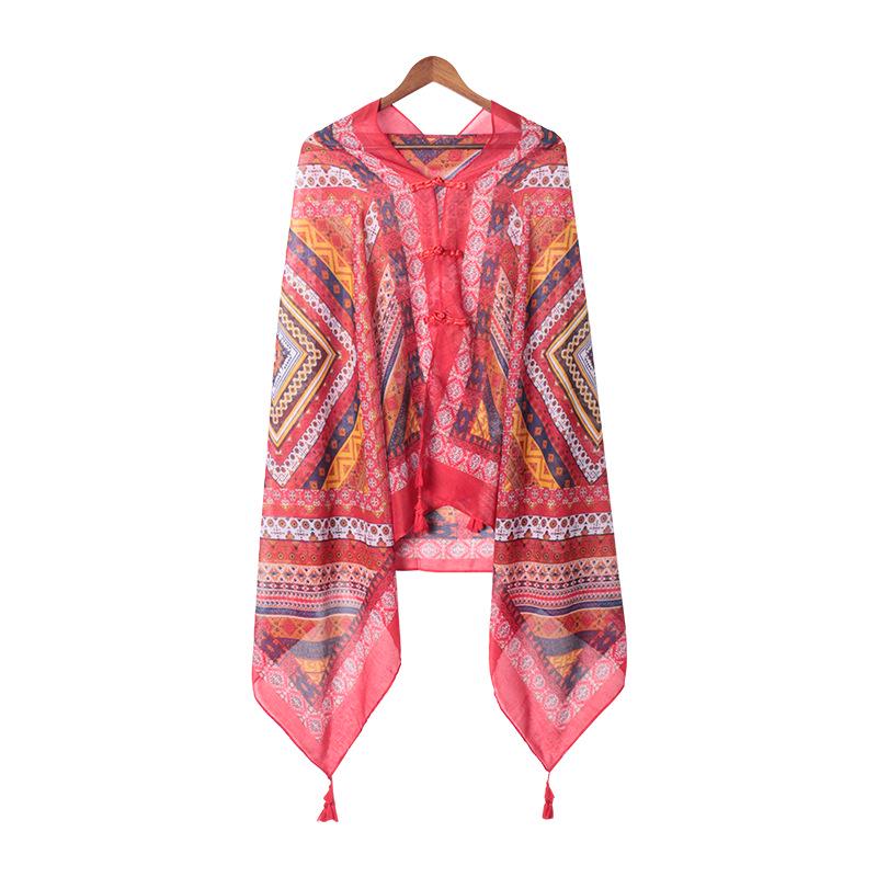 "Summer Ethnic Style Cotton-Linen Shawl: Handmade Retro Button Sunscreen Beach Cover-Up"
