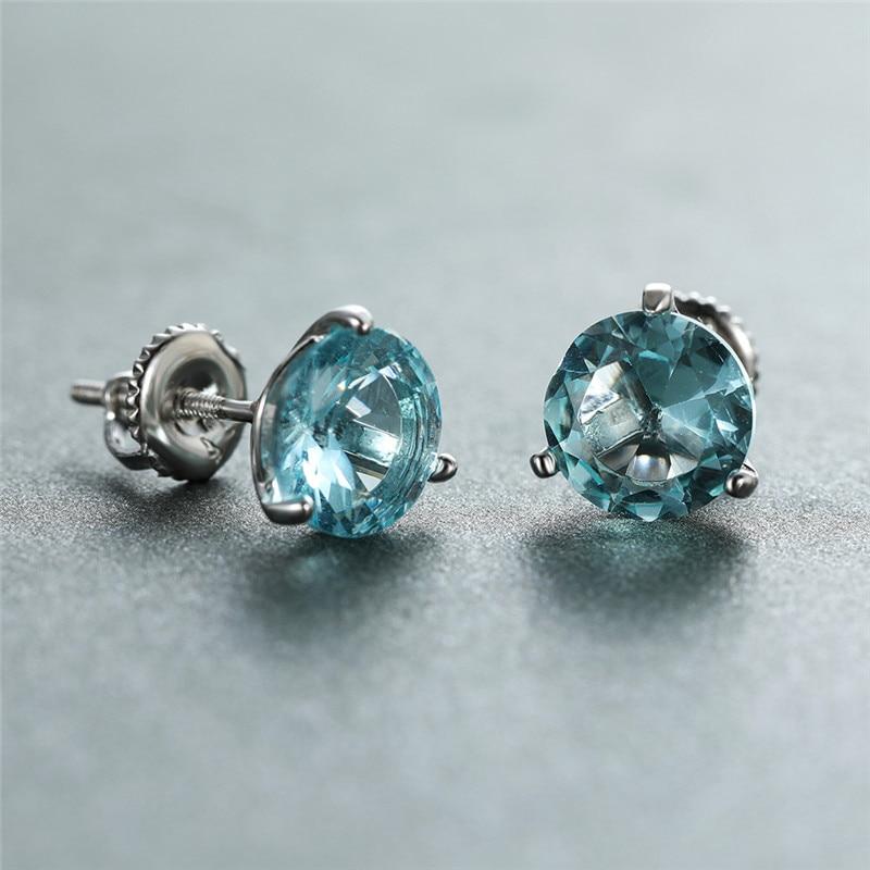 Light Blue Round Gemstone Stud Earrings Retro Modish Stylish Women Adorable Aquamarine  Color Cubic Zircon Screw Back